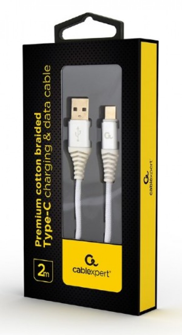 CC-USB2B-AMCM-2M-BW2 Gembird Premium cotton braided Type-C USB charging -data cable,2m, silver/white