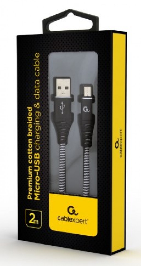 CC-USB2B-AMmBM-2M-BW Gembird Premium cotton braided Micro-USB charging - data cable,2m, black/white