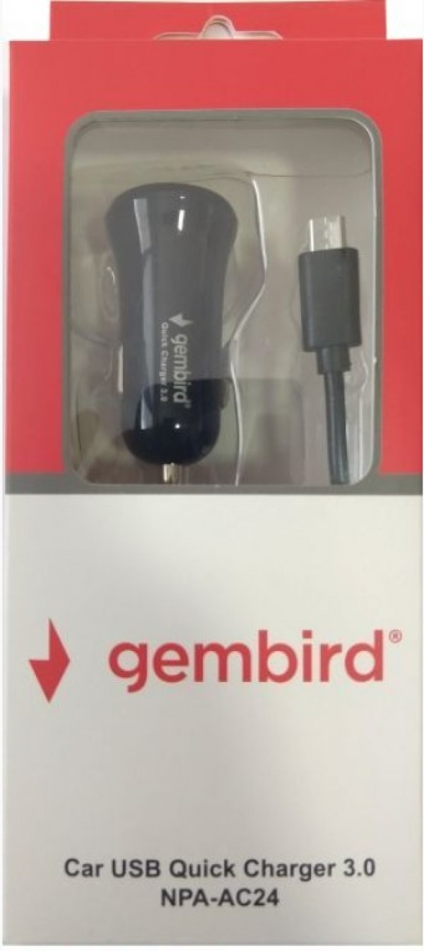NPA-AC24 *Gembird QC3.0 brzi auto punjac +kabl,15W 3.6-6.5V/2.4A, 6.5V-9V/1.67A, 9V-12V/1.3A (269)