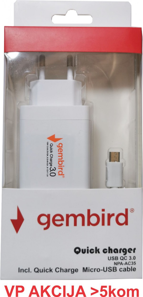 NPA-AC35 **Gembird QC3.0 brzi punjac +micro USB kabl,18W 3.6-6.5V/3A, 6.5V-9V/2A, 9V-12V/1.5A(343)