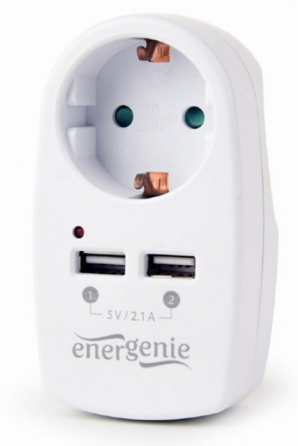 EG-ACU2-02 Gembird 2-portni USB punjac sa prolaznom AC uticnicom, 2,1 A, bela