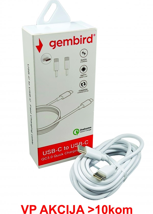 CCP-AMCM-AMCM-1.8M** Gembird USB 2.0 Type-C to Type-C cable (AM/CM), QC3.0, 1.8m WHITE (135)