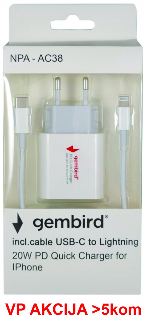 NPA-AC38 ** Gembird PD brzi punjac +USB C kabl na lightning iphone 20W 5V/3A, 9V/2.2A,12v/1.5A (719)