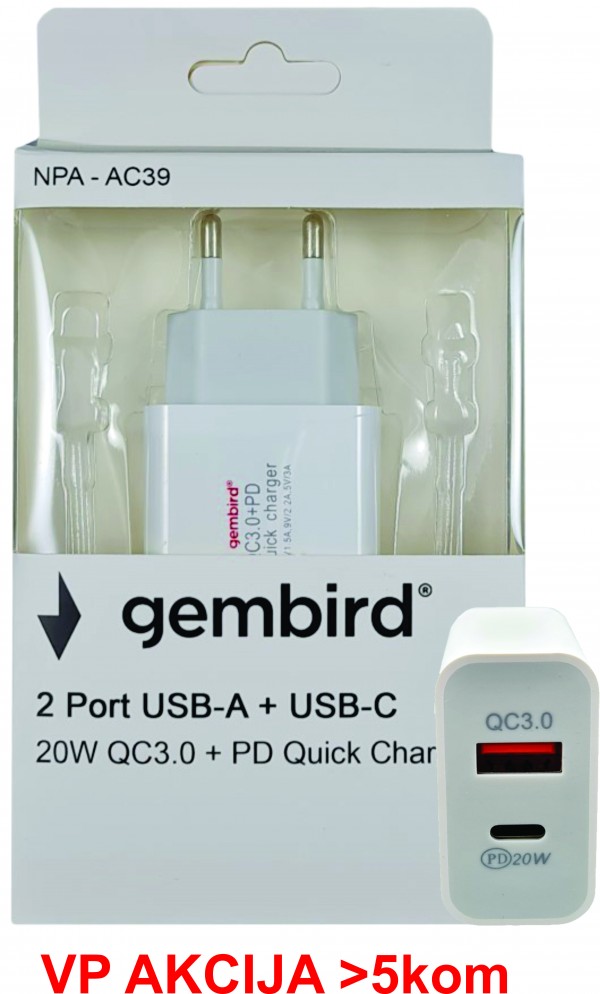 NPA-AC39 ** Gembird QC3.0 brzi punjac USB-A +Type C ,20W 3.6-6.5V/3A,6.5V-9V/2A, 9V-12V/1.5A (679)