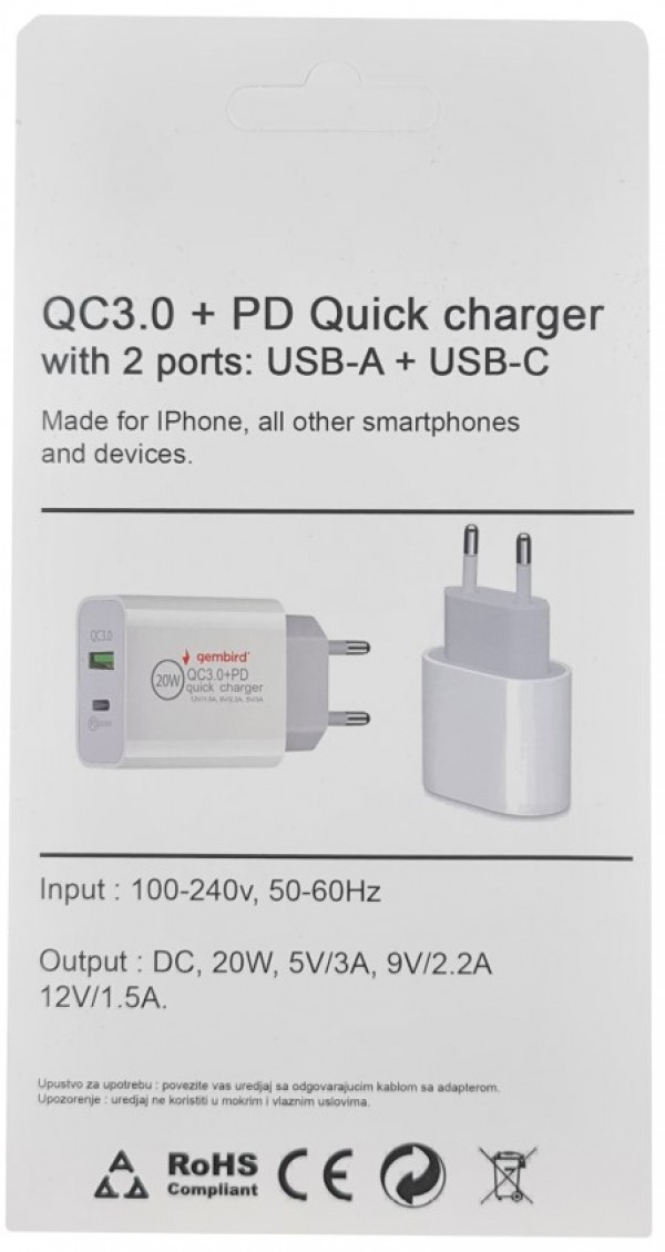x-NPA-AC39 Gembird QC3.0 brzi punjac USB-A +Type C ,20W 3.6-6.5V/3A,6.5V-9V/2A, 9V-12V/1.5A (679)