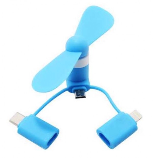 Ventilator za telefon 3in1 micro/lightning/type C plavi