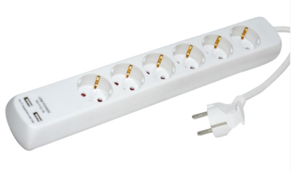 Produzni kabl sa 6 uticnica (3x1.5mm) 2m +2xUSB, PM6X-2M DZ 16A, 250V-3680W