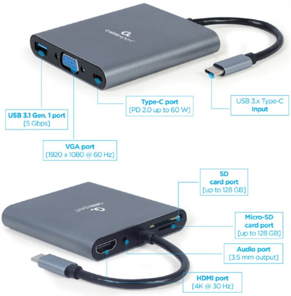 A-CM-COMBO6-01 USB Type-C 6-in-1 multi-port adapter Hub3.1 + HDMI + VGA + PD + card reader + stereo