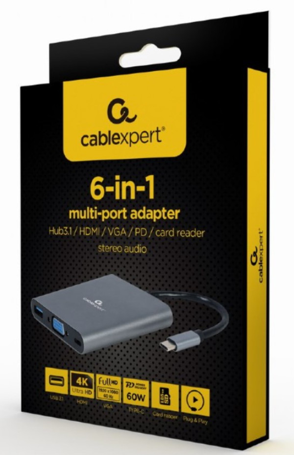 A-CM-COMBO6-01 USB Type-C 6-in-1 multi-port adapter Hub3.1 + HDMI + VGA + PD + card reader + stereo