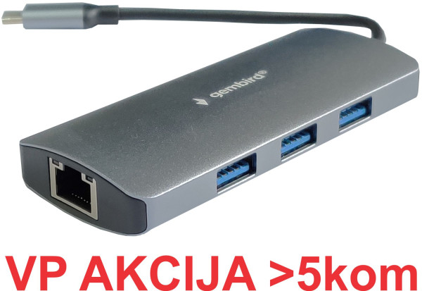 A-CMU3-LAN-05 ** Gembird TYPE C TO RJ45 gigabit + 3xUSB3.1 hub ALUMINIUM (alt. A-CMU3-LAN-01 1119)