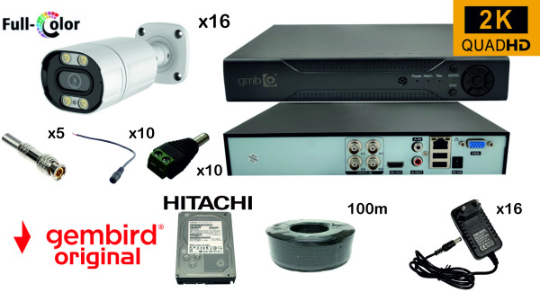 GMB-03 * Set kamera za video nadzor 3tbHDD +16x CAM-AHD5MP-HAU60W rg59+100m bnc+dc konekt full color