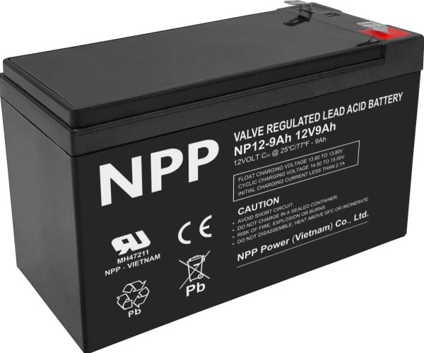 NPP NP12V-9Ah-T1, AGM BATTERY, C20=9AH, T1, 151x65x94x100, 2,5KG, BLACK