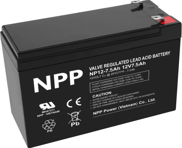 NPP NP12V-7.5Ah, AGM BATTERY,  C20=7.5AH, T1, 151x65x94x100, 2,07KG, BLACK