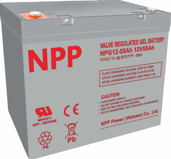 NPP NPG12V-55Ah, GEL BATTERY, C20=55AH, T14, 230*138*208*212, 15KG, Light grey