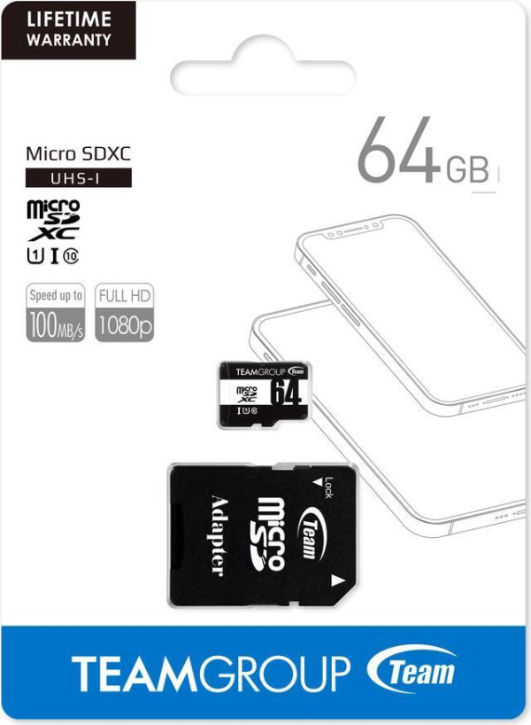 x-TeamGroup MICRO SDXC 64GB 100/20MB/s UHS-I U1 C10 +SD Adapter TUSDX64GCL10U03 FO