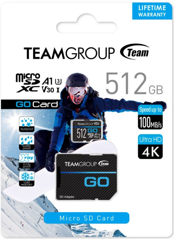 TeamGroup MICRO SDHC/SDXC 512GB GO UHS-I U3 V30, 100/90MB/s +SD Adapter TGUSDX512GU303