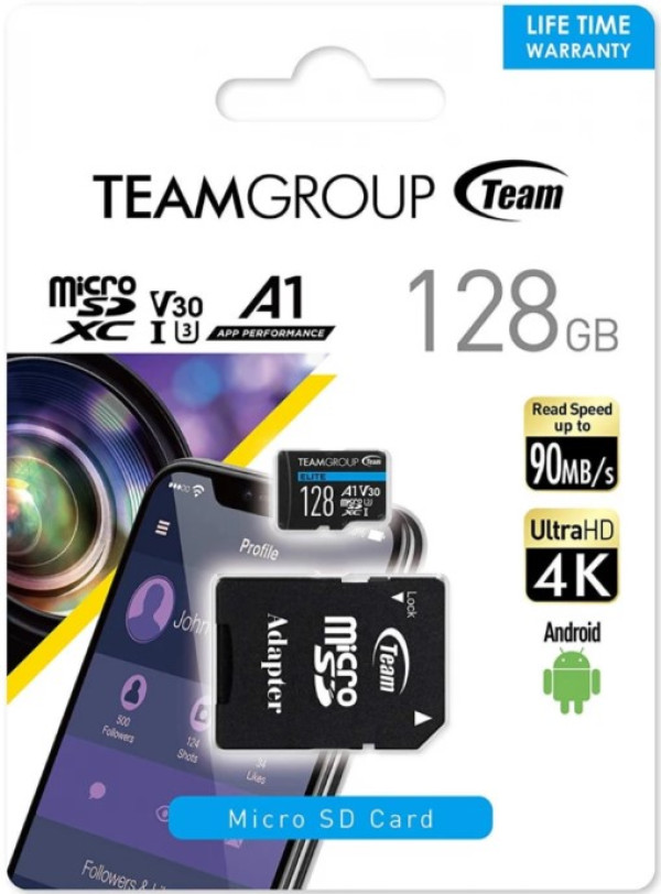 TeamGroup MICRO SDXC 128GB ELITE, UHS-I U3 V30 A1, 100/50MB/s +SD Adapter TEAUSDX128GIV30A103