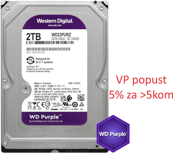 HDD 3.5 * 2TB WD23PURZ WD Purple 24/7 5400RPM 64MB SATA3