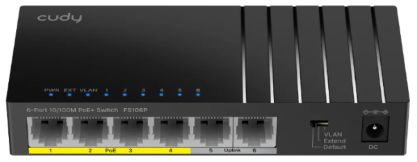 Cudy FS106P,6-Port 10/100M PoE+ Switch,4× FE with 802.3at/af Mode A PoE,2× Uplink FE,36W