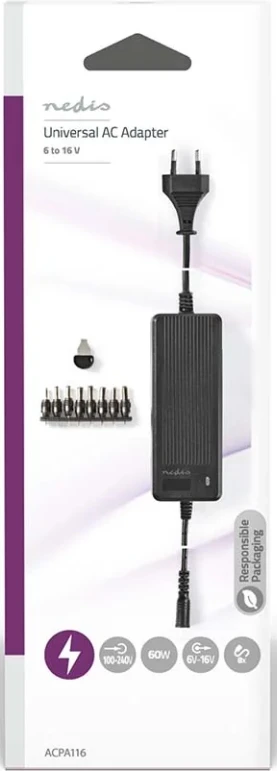 ACPA116 Universal AC Power Adapter 60W, 6-16V DC, 1.10m 5.0-5.2A 8-plug(s), Black