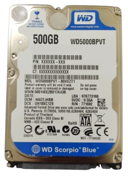 HDD 2.5 * 500GB WD5000BPVT  BLUE scorpio 5400rpm 8mb SATA  9.5mm