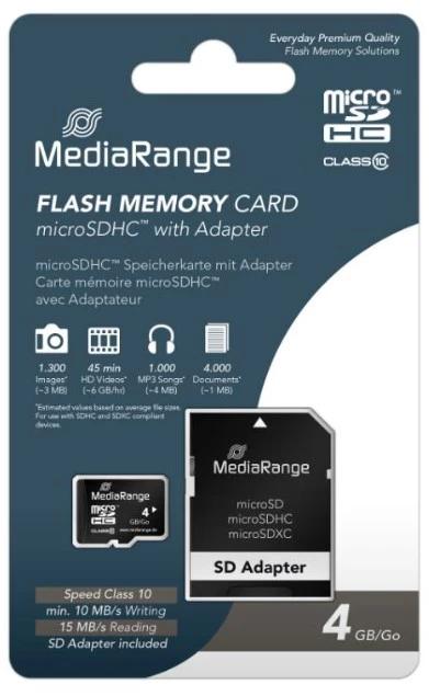 MEDIARANGE GERMANY MEMORIJSKE KARTICE 4GB MICRO SDHC+ADAP C10/MR956