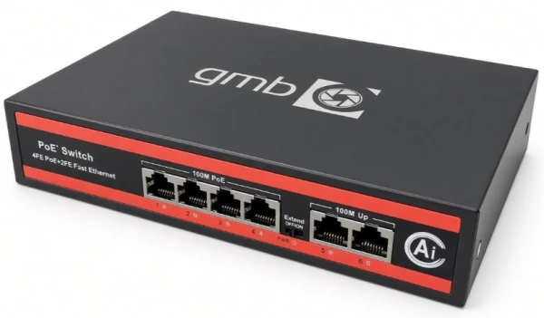 GMB POE Switch FS1006P,IEEE802.3af/at, 4 PoE 10/100M, 2 UP-link 100/100M,52V 65W, 30W/PoE, VLAN 250m