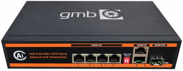 GMB POE-GS1006PS1 Switch,4 PoE 100/1000M, 2 UP-Link 100/1000M +1 SFP port,52V 65W,30W/PoE,VLAN,250m
